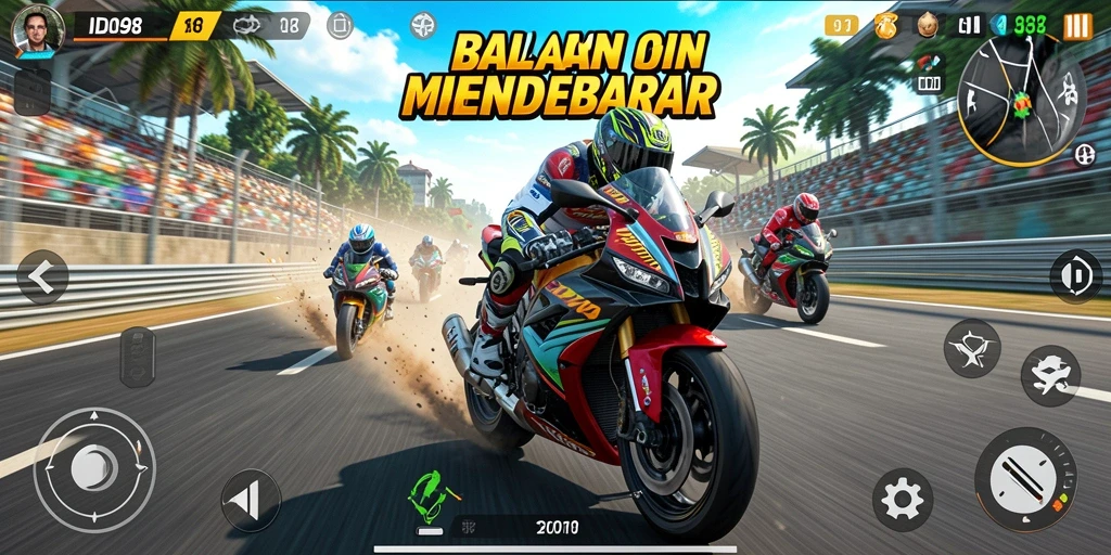 Screenshot gameplay ID098 yang menunjukkan aksi balapan motor yang seru.