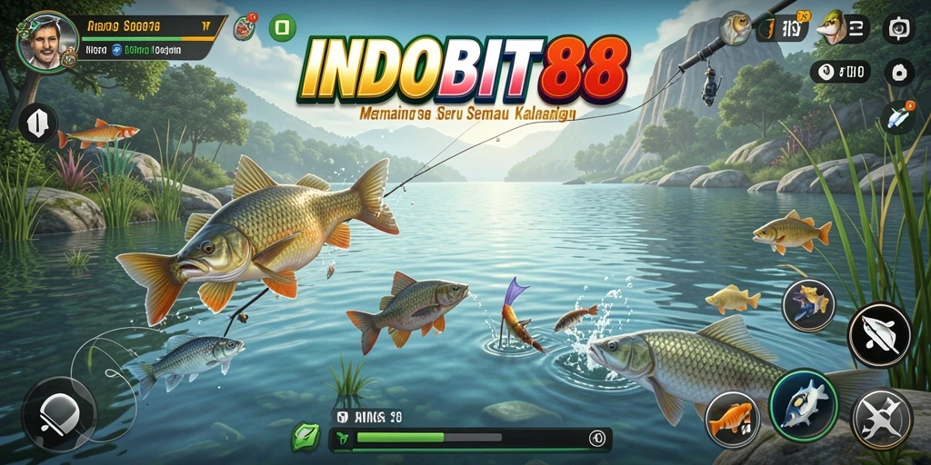 Gameplay menarik dalam INDOBIT88 dengan memancing di berbagai lokasi.