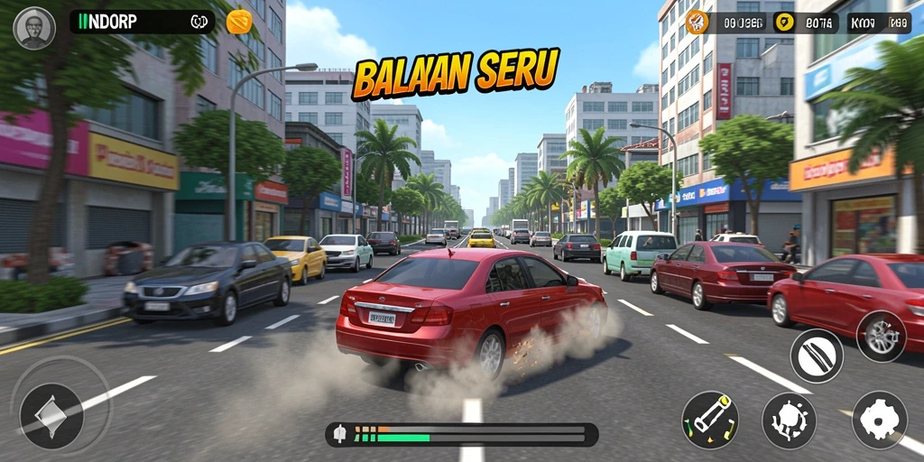 Gameplay INDORP yang penuh aksi di jalanan kota.