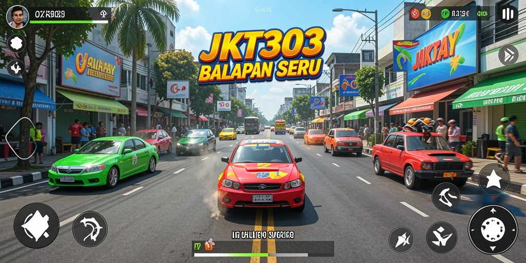Tampilan gameplay intens dari JKT303 saat balapan di jalan raya.