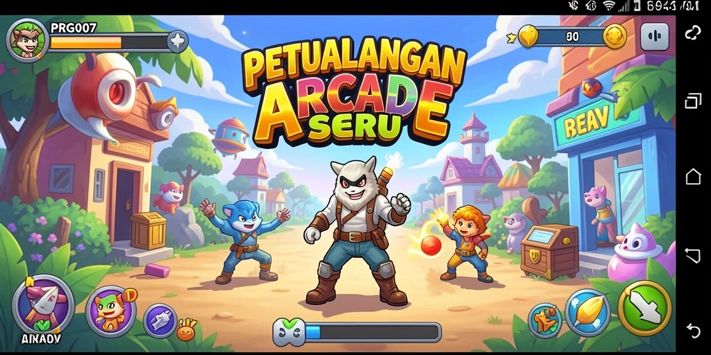 Tangkapan layar utama PRG007 menampilkan aksi seru dalam permainan Arcade.