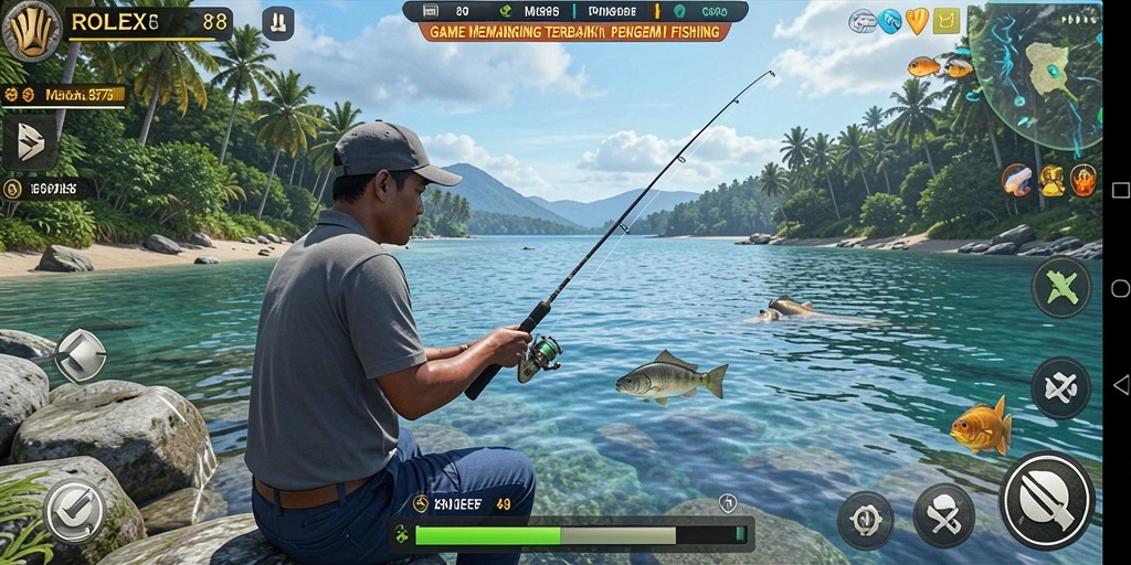 Tampilan gameplay memancing yang mengasyikkan dan penuh warna.