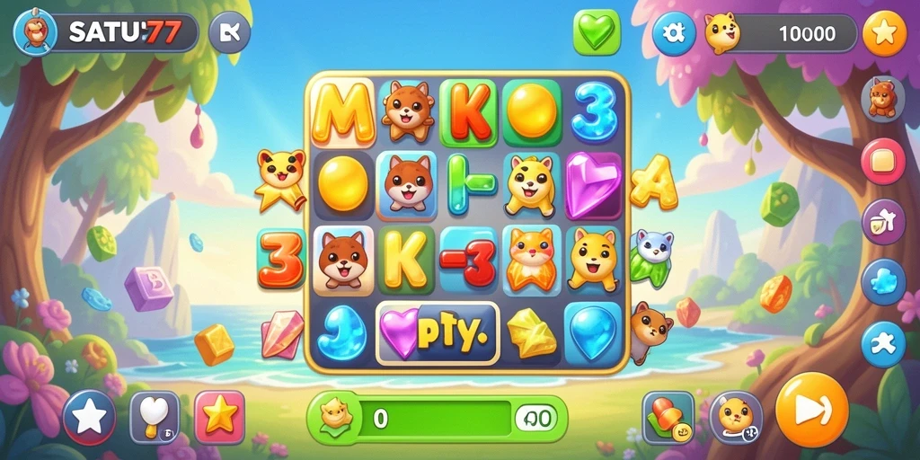 Screenshot menunjukkan gameplay Match-3 yang seru dan penuh warna.